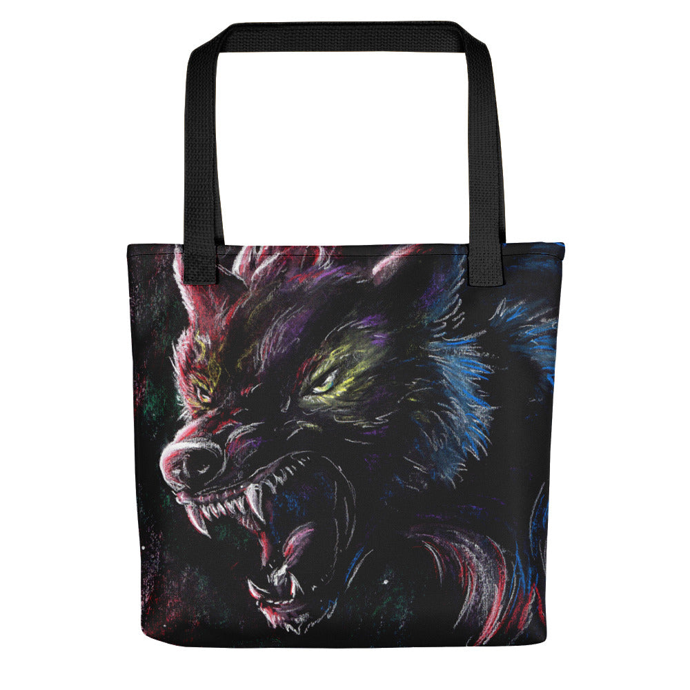 howling-riot-color-wolf-growl-tote-bag-38x38-wolf-motiv image 1