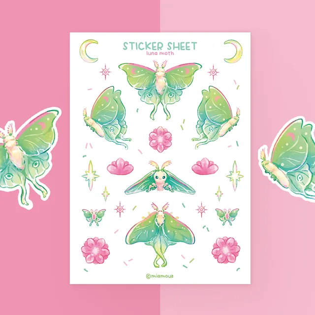 miamouz-stickers-luna-moth-stickerbogen-a6-glossy-vinyl image 1