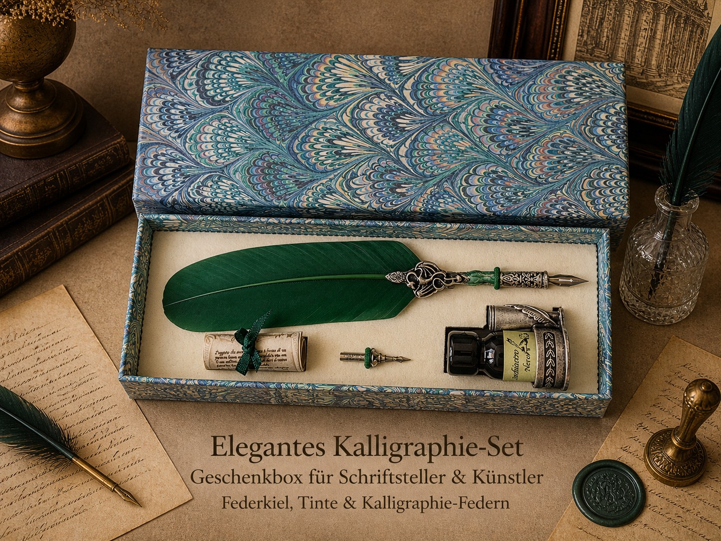 florenz-lederkunst-drago-schreibset-gr-n-mit-tinte-ersatzfeder image 3