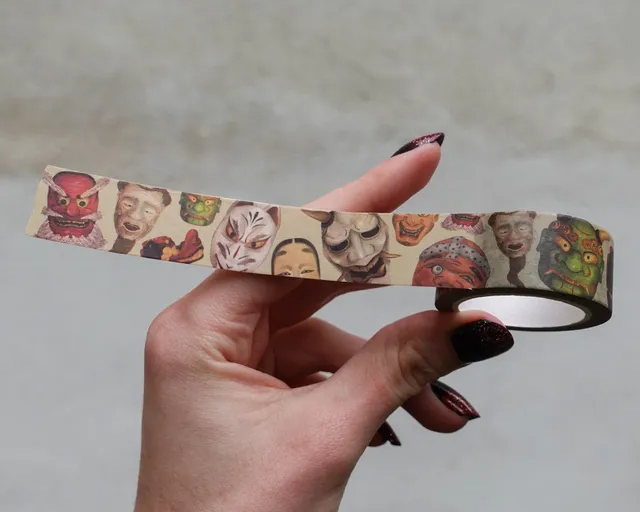 kabujiro-japanese-masks-washi-tape-noh-20mm-10m-oni-kitsune image 1