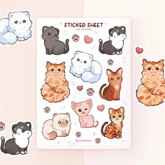 miamouz-cat-friends-sticker-sheet-katzenrassen-a6-matt image 1