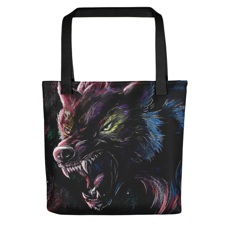 howling-riot-color-wolf-growl-tote-bag-38x38-wolf-motiv image 1