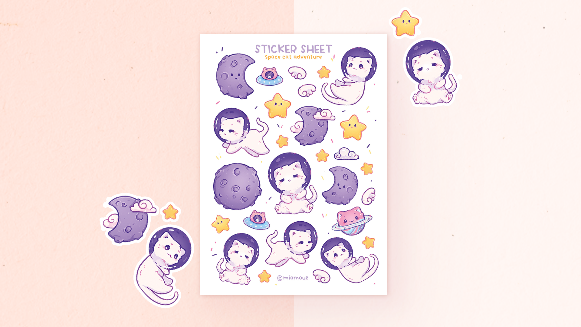 miamouz-space-cat-adventure-sticker-sheet-katzen-a6-matt image 2