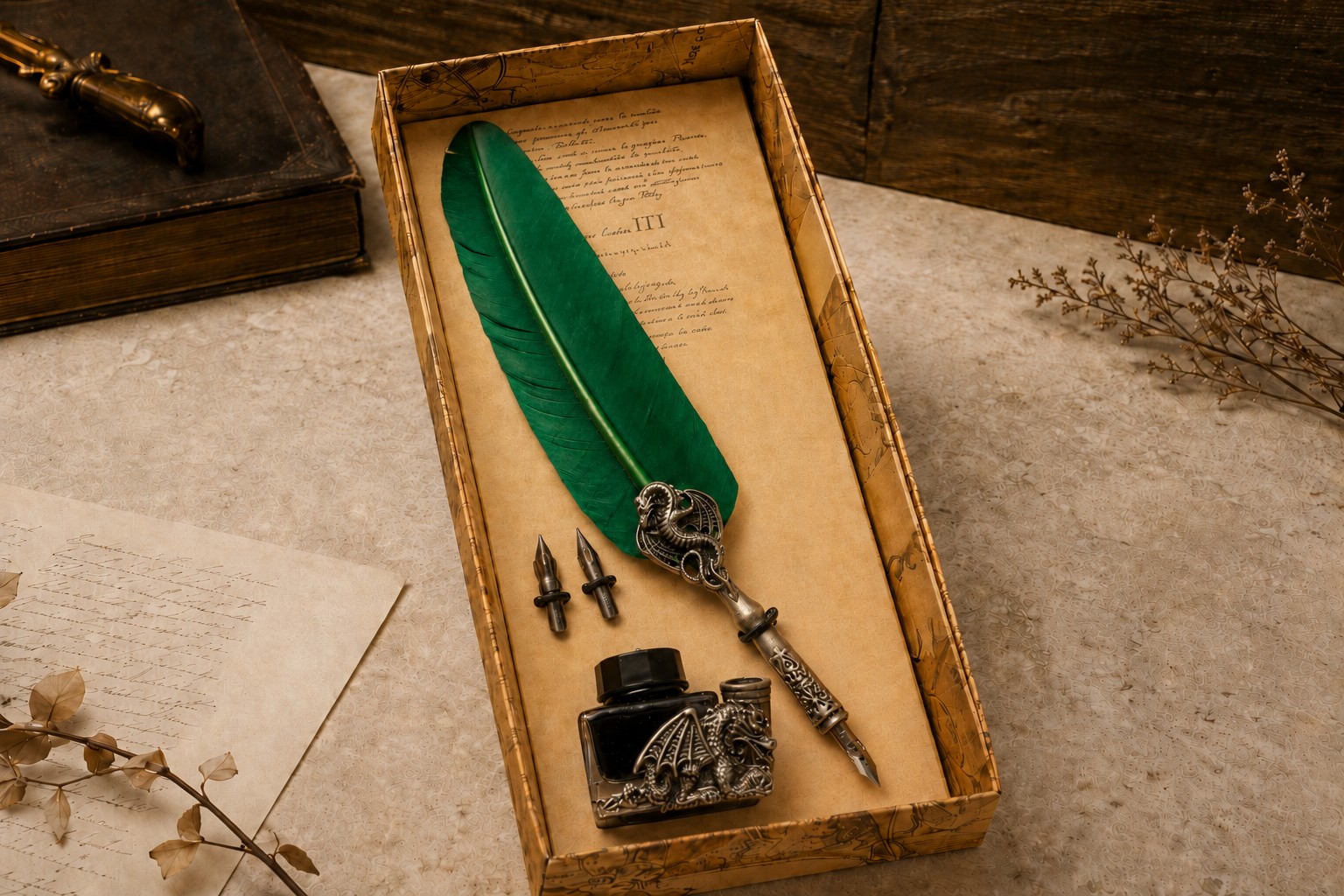 florenz-drago-lusso-schreibset-gr-n-mit-tinte-feder image 3