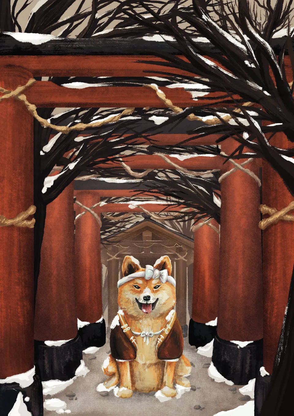 kabujiro-prints-winter-shiba-postkarte-a6-shiba-inu-schnee-schrein image 1