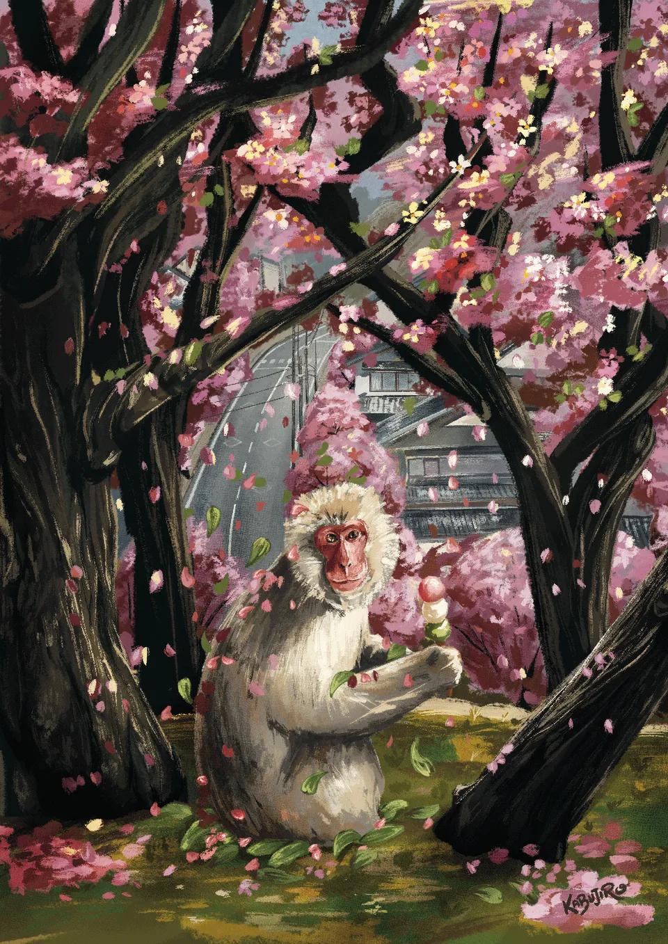kabujiro-prints-spring-monkey-postkarte-a6-dango image 1