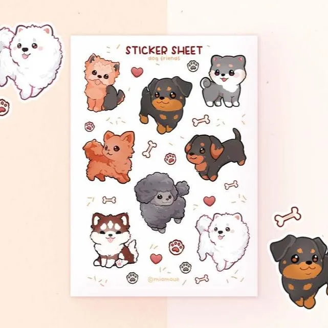 miamouz-dog-friends-a6-stickerbogen-matt-vinyl-hunde image 1