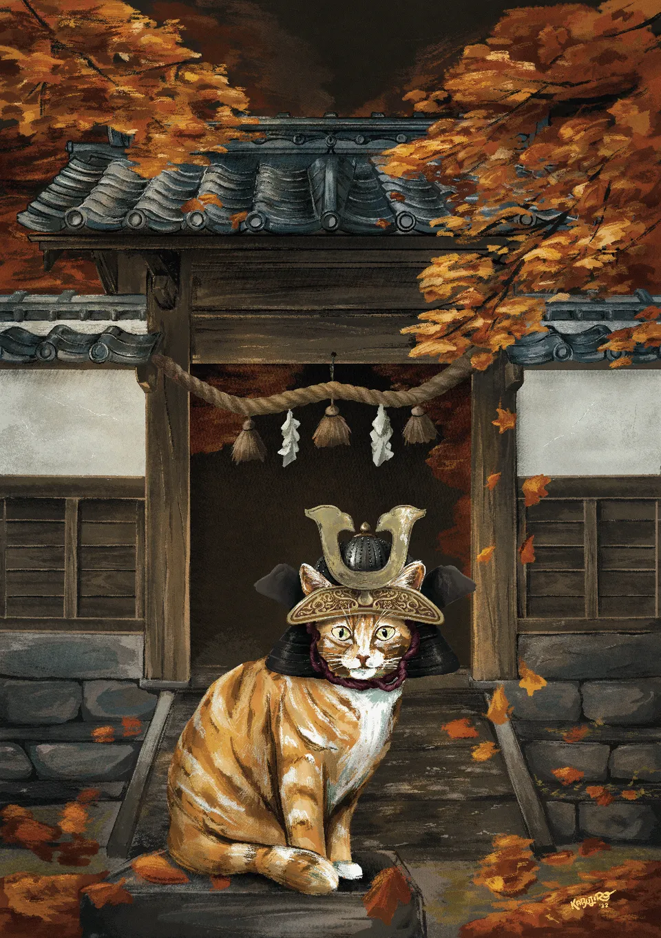 kabujiro-autumn-cat-four-seasons-postkarte-a6-samurai-katze image 1