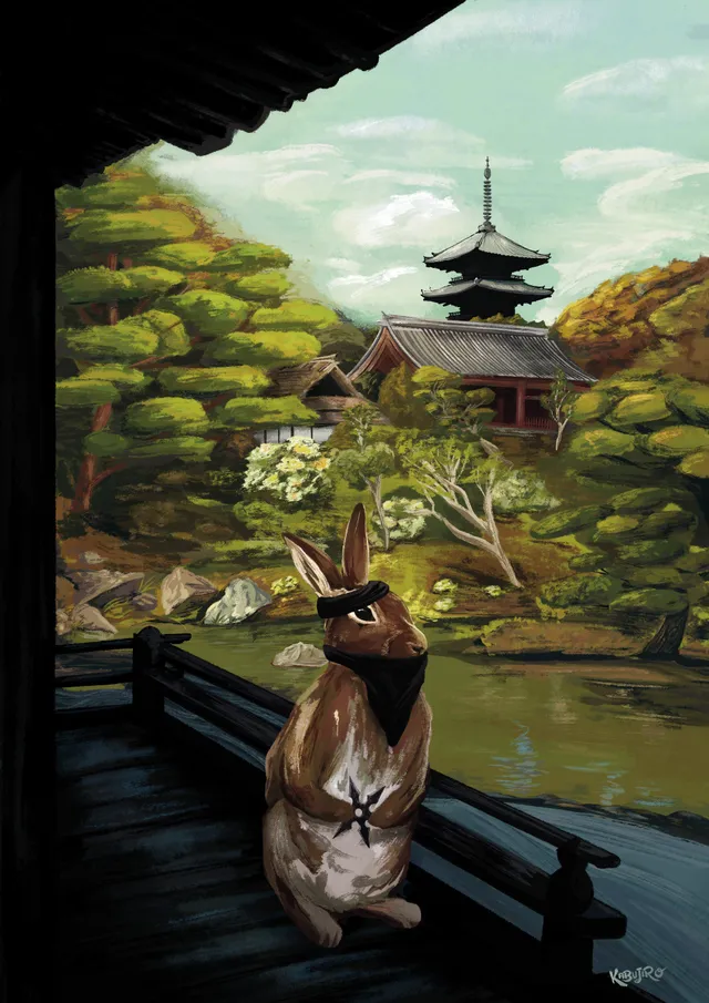 kabujiro-summer-rabbit-postkarte-a6-ninja-hase-tempel-300g image 1
