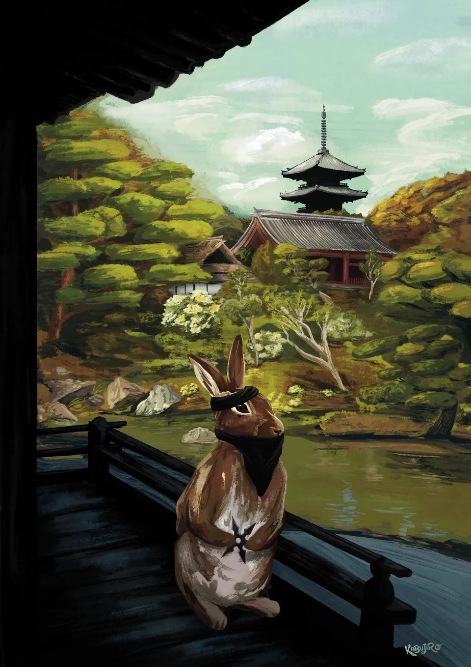 kabujiro-summer-rabbit-postkarte-a6-ninja-hase-tempel-300g image 1